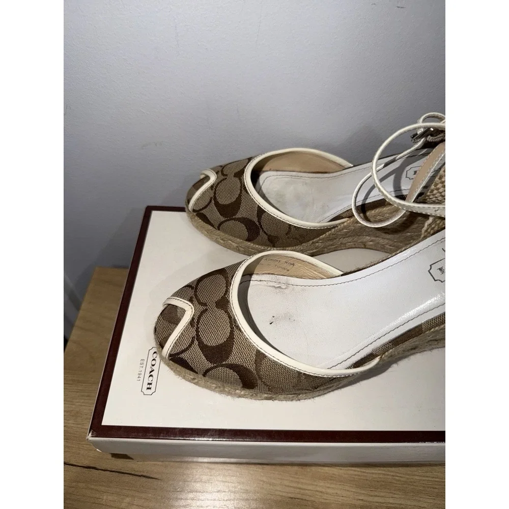 Coach Kimmy Wedge Sandals Khaki Gold Signature Size 8 Espadrille Straw Heels
